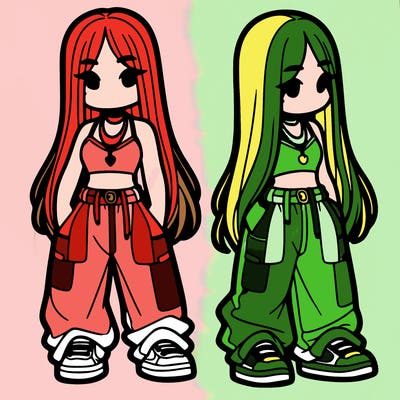 girl in baggy pants crop top and long hair