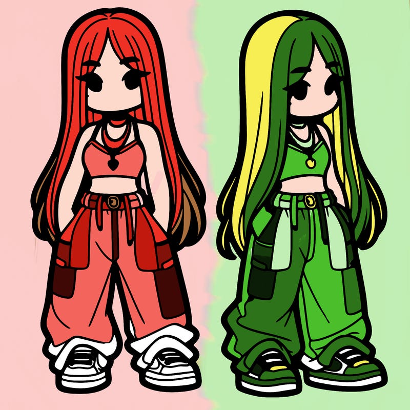 girl in baggy pants crop top and long hair