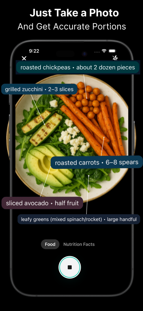NutriShot AI - Calorie Counter - Interface do aplicativo NutriShot AI analisando uma foto de comida para porções e calorias