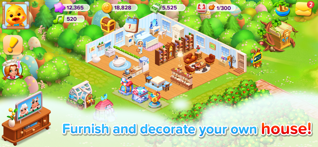 Family Farm Seaside - Um layout de casa decorado em Family Farm Seaside mostrando um quarto, banheiro e área de estar