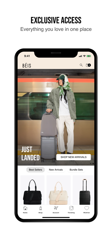 BÉIS - BEIS mobile app home screen featuring travel luggage and new arrivals