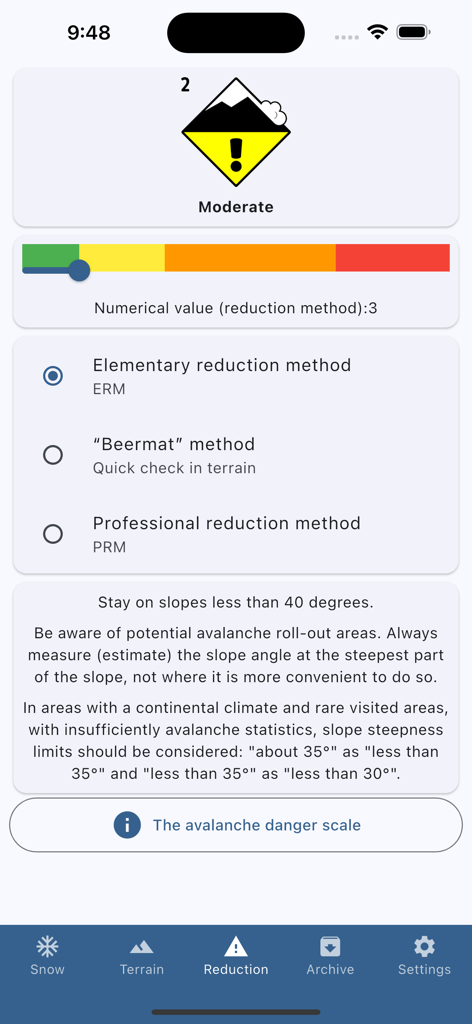 Nivocheck 1.0 - Nivocheck 1.0 app interface showing avalanche reduction methods and safety advice