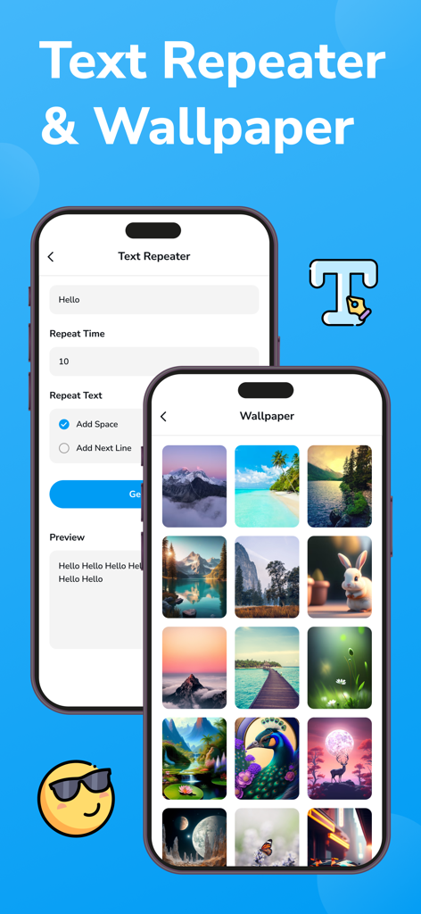 Tele Web Tools for Messenger - Mobile app interface showing text repeater tools and a gallery of aesthetic chat wallpapers