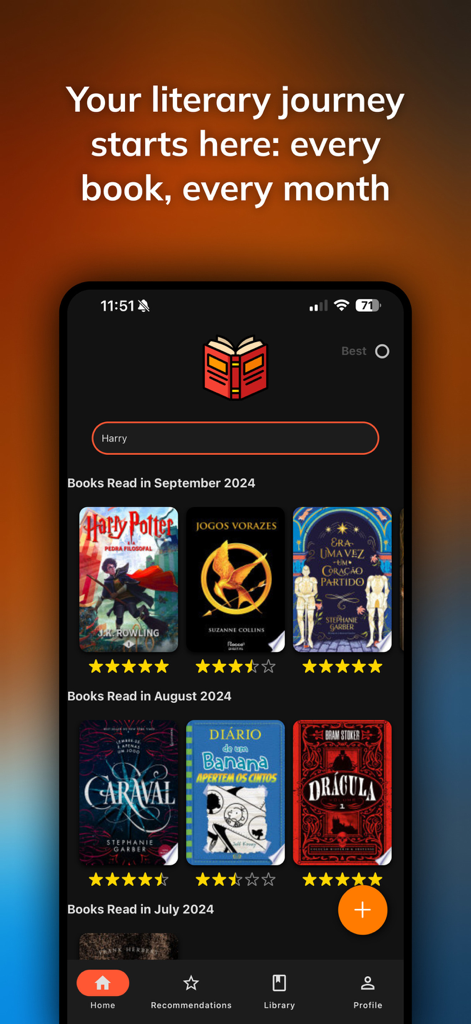 Readfolio: Book Tracker - Readfolio app home screen displaying a list of books read each month with ratings and covers