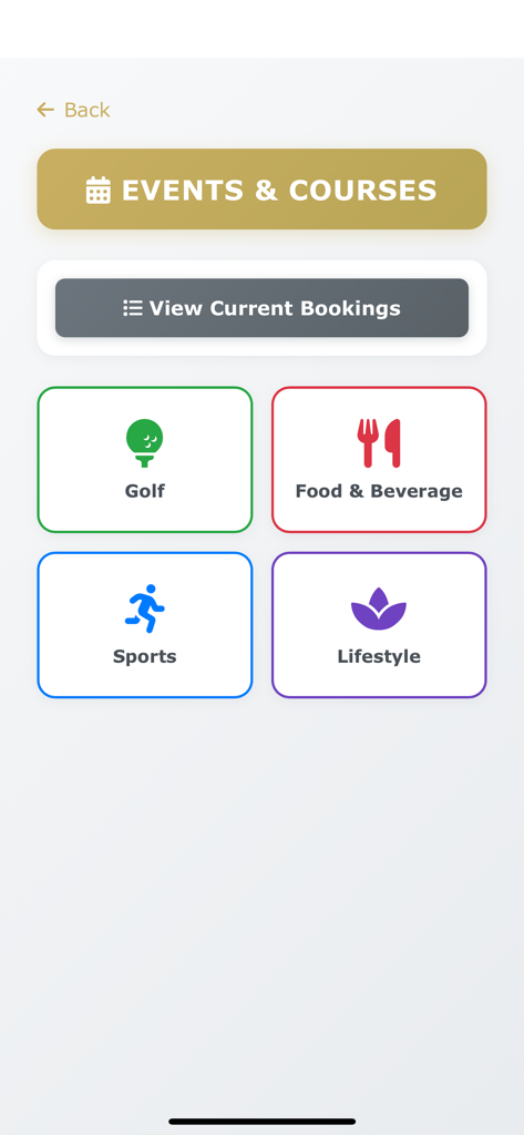 SICC - SICC app main menu screen showing categories for events, current bookings, golf, food and beverage, sports, and lifestyle