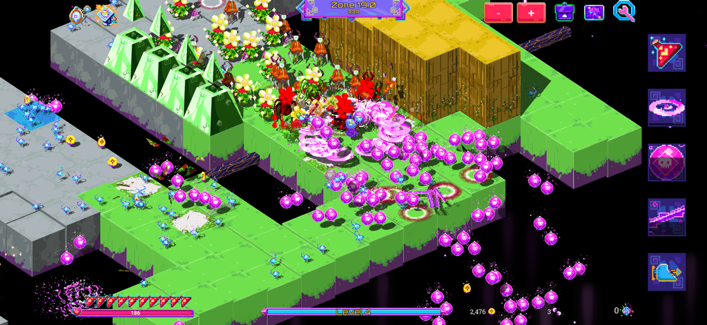 Neon Spellstorm - Jugabilidad de acción roguelite de Neon Spellstorm mostrando a un mago lanzando hechizos mágicos sobre un terreno de vóxeles.