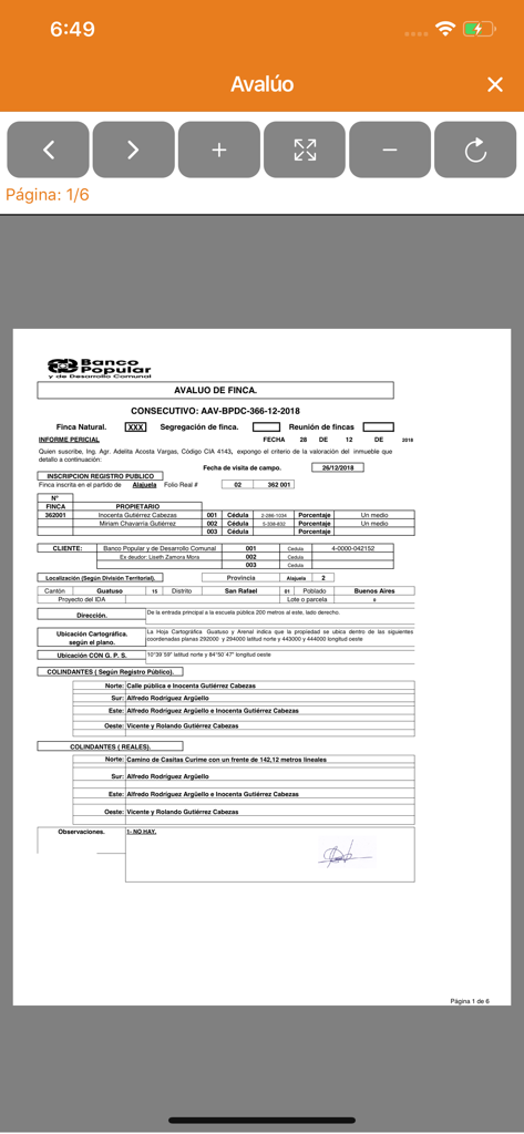 BP Venta de Bienes - Detailed property appraisal document displayed within the BP Venta de Bienes mobile app