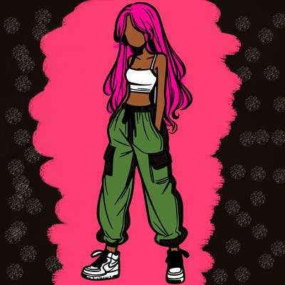 girl in baggy pants crop top and long hair