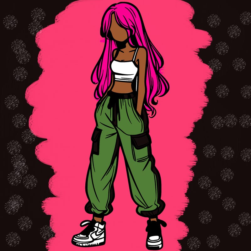 girl in baggy pants crop top and long hair