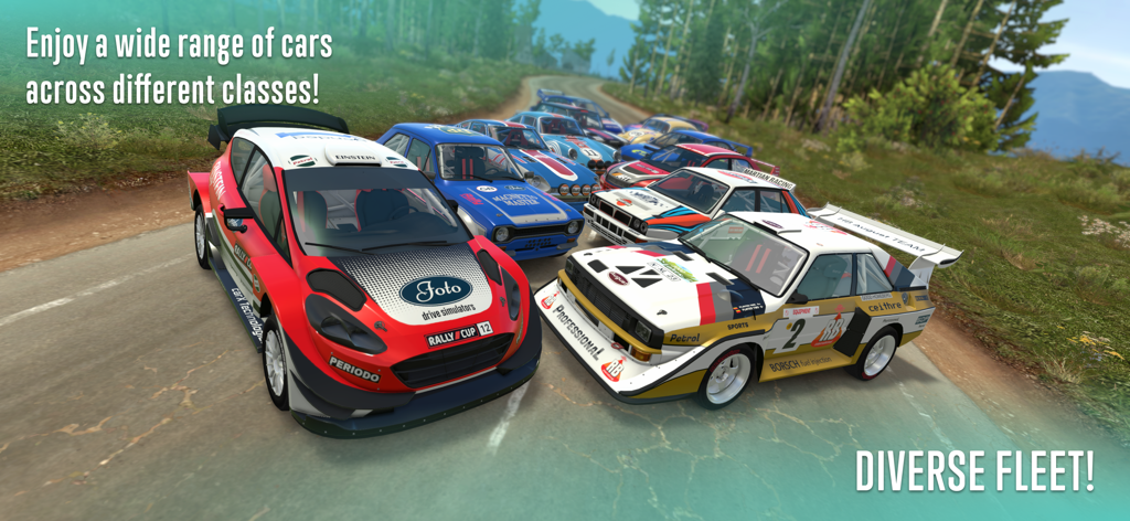 A wide range of rally cars from various classes shown together on a track in the CarX Rally game