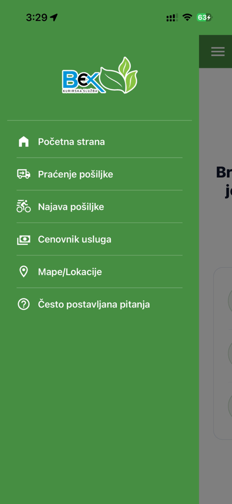 Bex Mobile - Navigation menu of the Bex Mobile logistics app showing shipping and tracking options