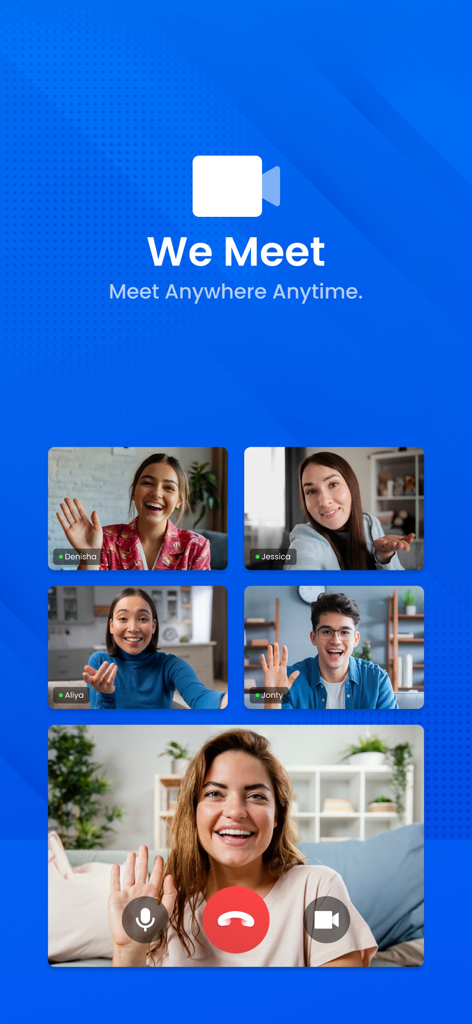 Eine Gruppen-Videokonferenz in der We Meet App mit fünf Teilnehmern und Anrufsteuerung