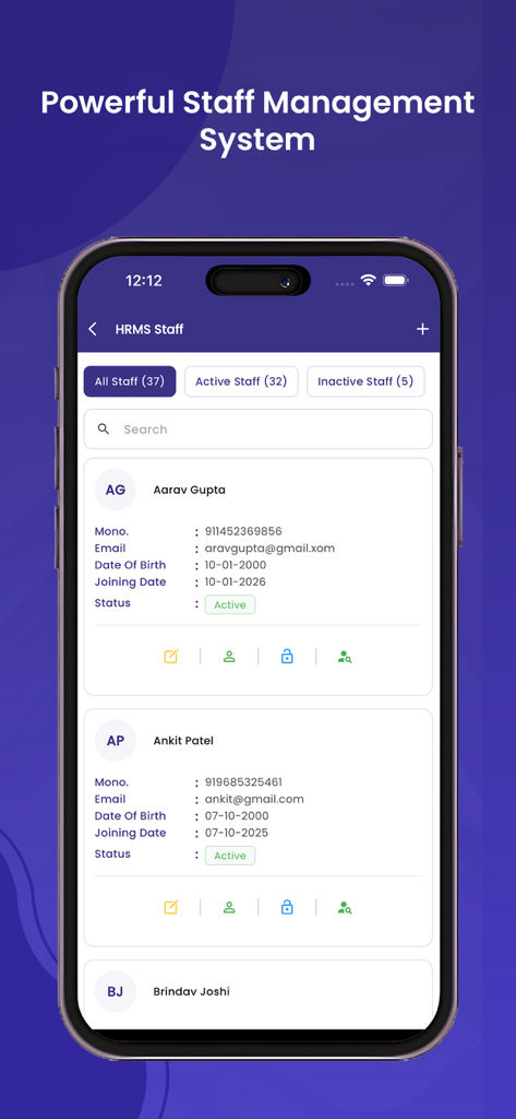 365 CRM - 365 CRM mobile app interface showing the staff management system with a list of active employee profiles