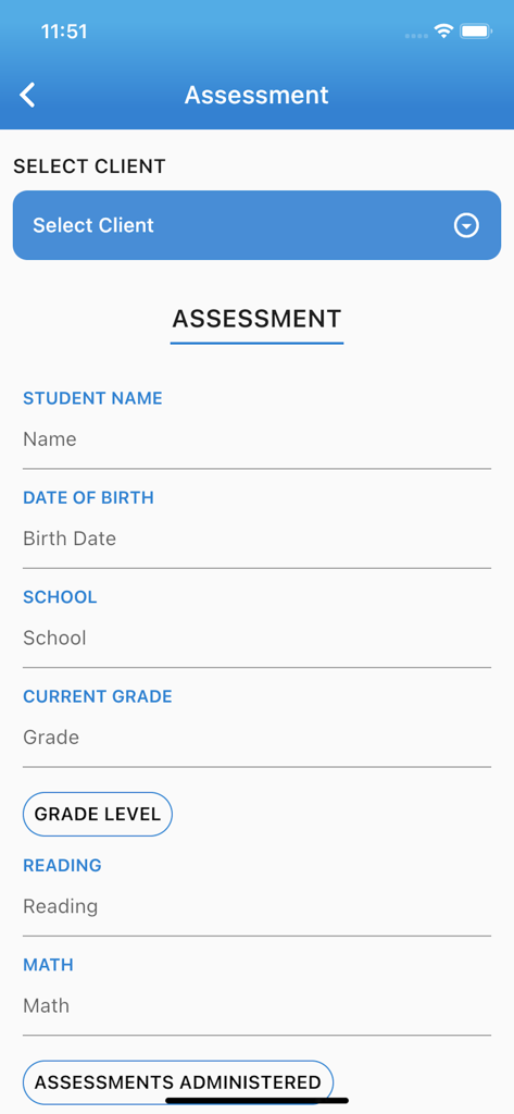 Mobile interface showing a student assessment form for special education tracking.