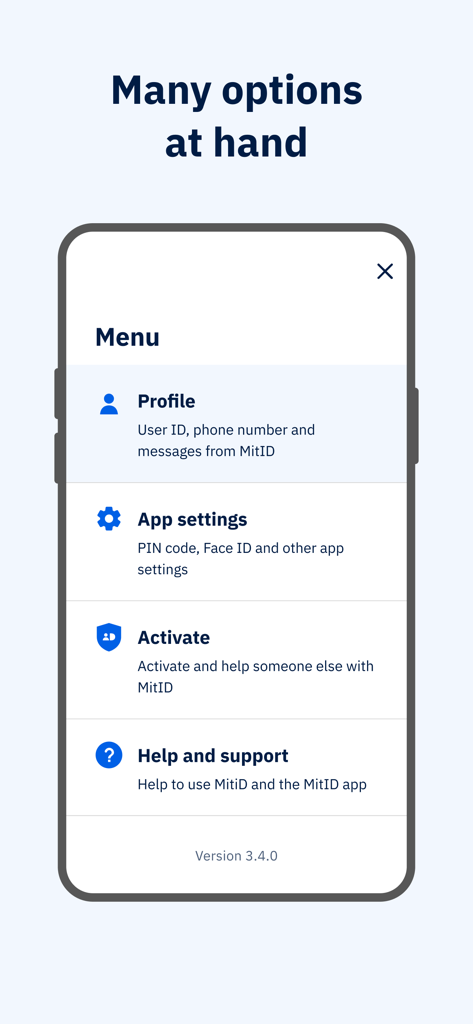 MitID - Ein Smartphone-Bildschirm, der das Menü der MitID-App mit Optionen für Profil, Einstellungen, Aktivierung und Support anzeigt