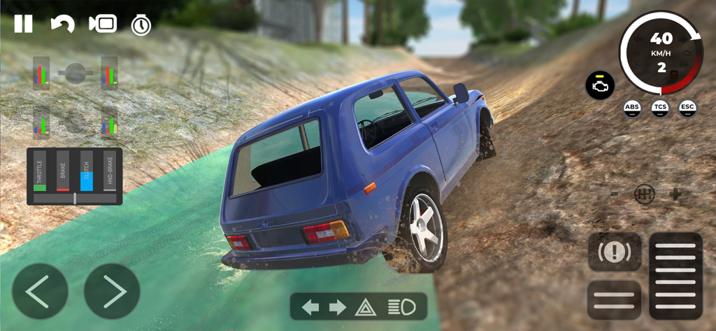 Beam Drive Crashes Original 3D - A blue car driving through a muddy ditch in a physics based car game