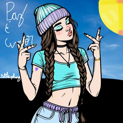 realistic teenage girl with braids and a beanie and crop top doing 🫶🏼