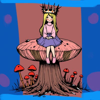 realistic girl sitting on a huge tree stump size toadstool with thorn crown