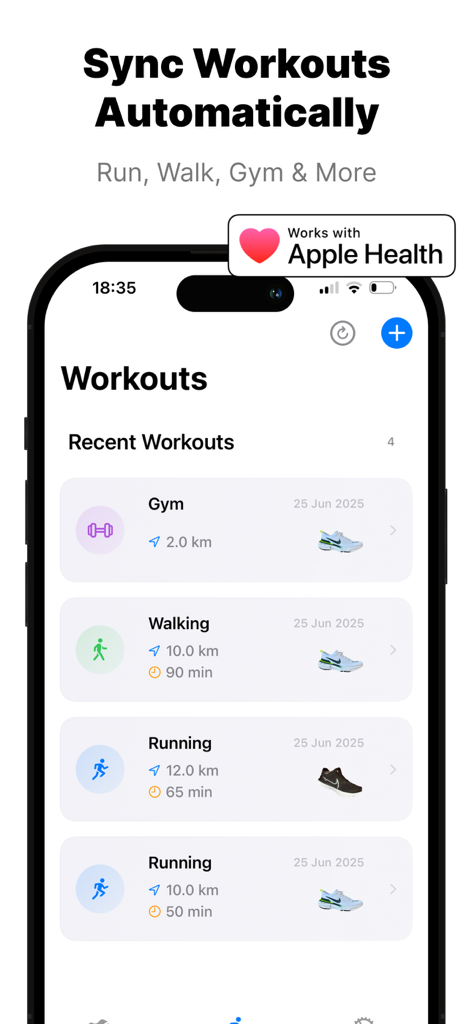 A screenshot of the Shoe Tracker app displaying a list of recent workouts synchronized with Apple Health.