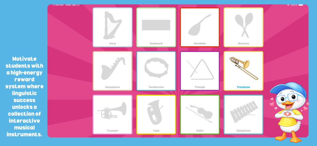 교육용 앱 Preposition Remix에서 보상으로 잠금 해제된 대화형 악기 그리드.