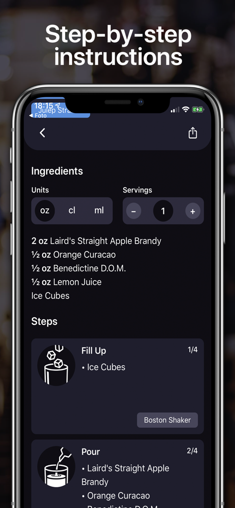 Cocktails For Real Bartender - Pantalla de la aplicación móvil que muestra los ingredientes del cóctel y las instrucciones de mezcla paso a paso