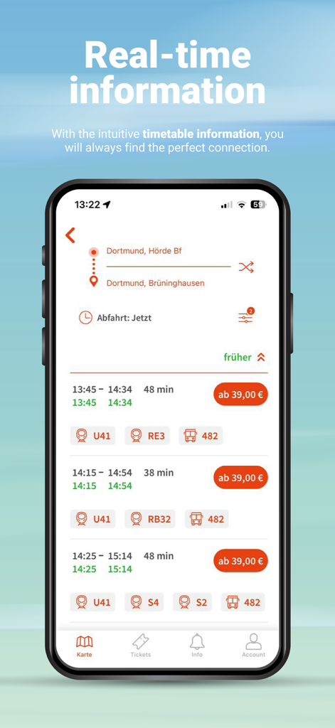 DSW21-App - Screenshot of the DSW21-App showing real-time timetable information and ticket prices for public transit in Dortmund.
