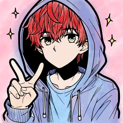teenage manga boy in a hoodie, doing ✌