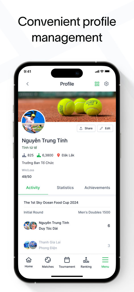 Baseline - Tennis & Pickleball - Baselineアプリのスクリーンショットで、テニスの試合履歴とパフォーマンス統計を含むユーザープロフィールが表示されています