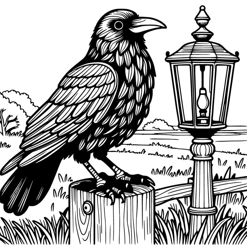 a detailed crow on a lamp post in a field