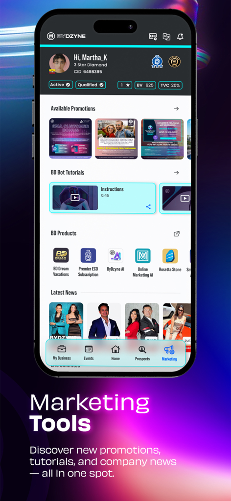 ByDzyne - ByDzyne app interface highlighting marketing tools and promotions for brand ambassadors.