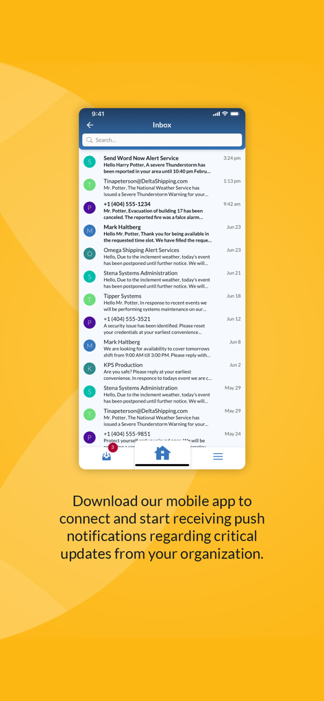 OnSolve - Boîte de réception de l'application OnSolve affichant des notifications critiques et des alertes de sécurité