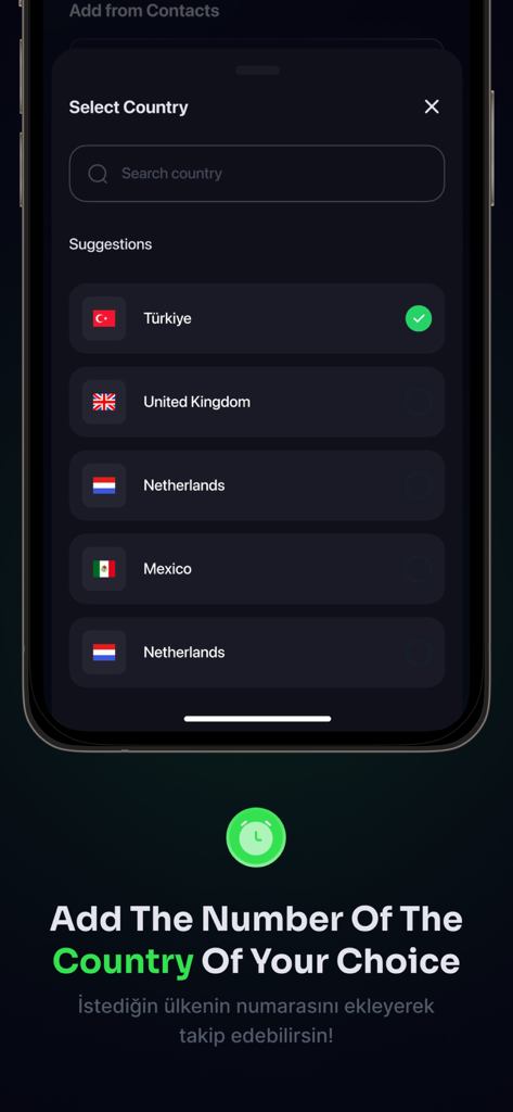 WhoMess: Family Monitoring - Interfaz de la aplicación WhoMess mostrando un menú de selección de país para agregar un número de teléfono para la monitorización familiar