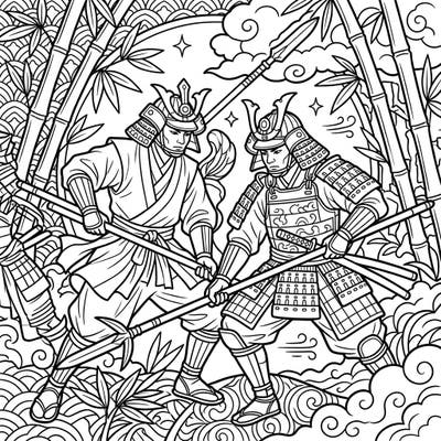 Embark on a creative adventure with this captivating coloring page featuring two Yari Spearsmen samurai in a dynamic Japanese scene. Designed with clear, bold outlines for a relaxing and engaging coloring experience tailored for seniors.
