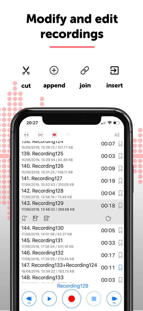 ALON Diktiergerät App-Oberfläche, die eine Liste von Sprachaufnahmen mit Optionen zum Schneiden, Anhängen, Verbinden und Einfügen von Audio zeigt.