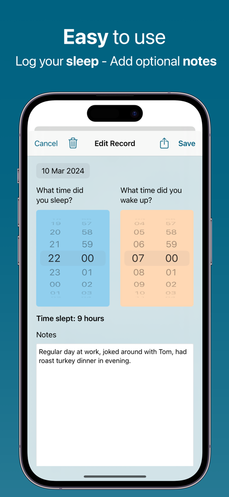 Sleep Tracker CPAP Feeltracker - Feeltracker app screen for logging sleep times and adding personal notes