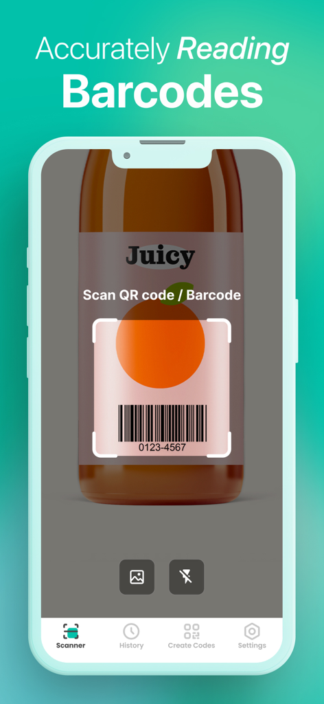 QR Code · Barcode Reader&Maker - A mobile app interface demonstrating accurate barcode scanning on a juice bottle product label.