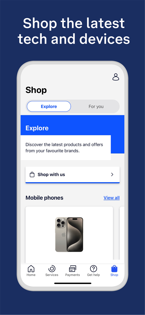 Shop section of the My Telstra app featuring latest mobile devices