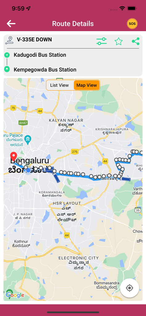Namma BMTC - Map view of a bus route in Bengaluru within the Namma BMTC mobile application