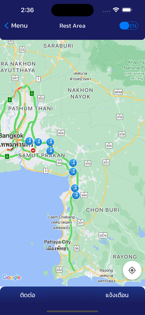 M Traffic app map showing highway traffic and rest area locations in Thailand