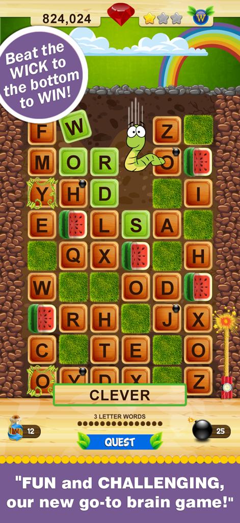 Word Wow - Help the worm down - Gameplay of Word Wow showing a worm character on a grid of letter tiles with the word clever spelled at the bottom.