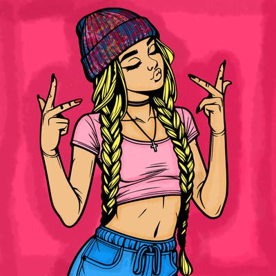 realistic teenage girl with braids and a beanie and crop top doing 🫶🏼