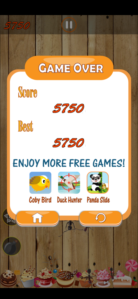 Ant Smasher - Kill Them All - Ant Smasher game over screen showing current score and best score of 5750