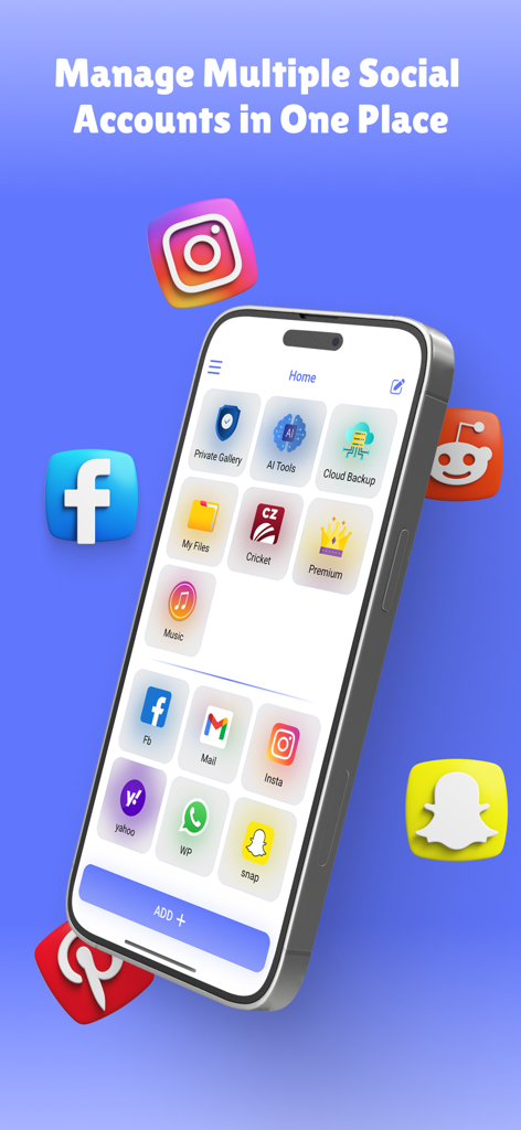 iPhone mostrando a interface do aplicativo Dual Accounts com vários ícones de mídias sociais como Instagram, Facebook e WhatsApp