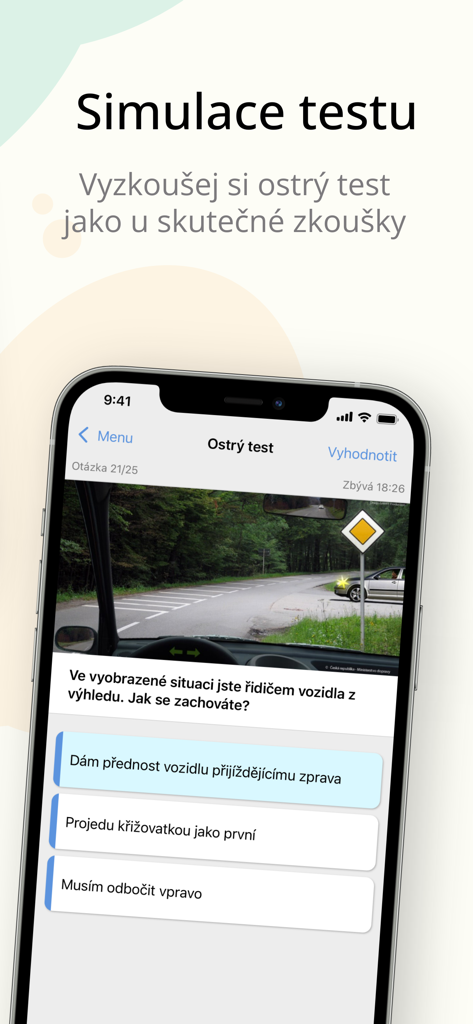 Autoškola 2026 CZ – eTesty+ - Screenshot of the Autoskola 2026 CZ app showing a simulated driving theory test question with multiple choice options