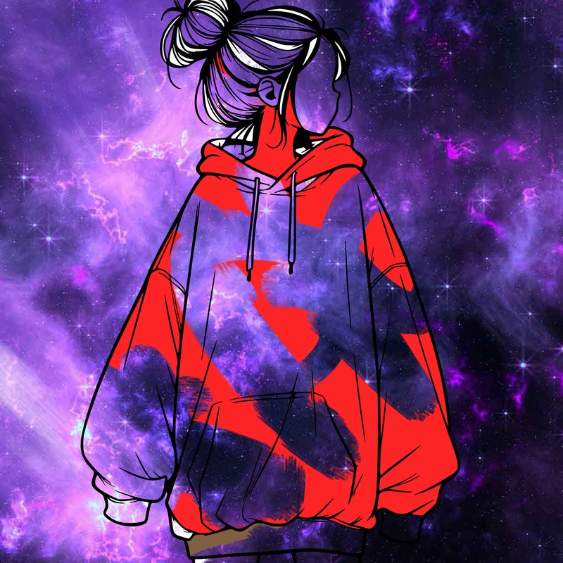 realistic girl with a oversized sweatshirt on and a bun