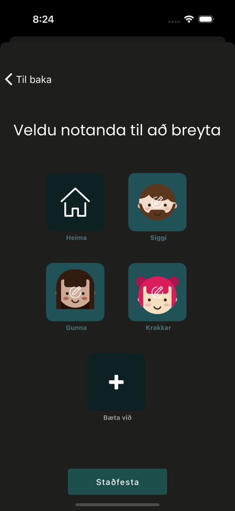 SÝN Sjónvarp - User profile selection and editing screen for family members in the SYN Sjonvarp app.
