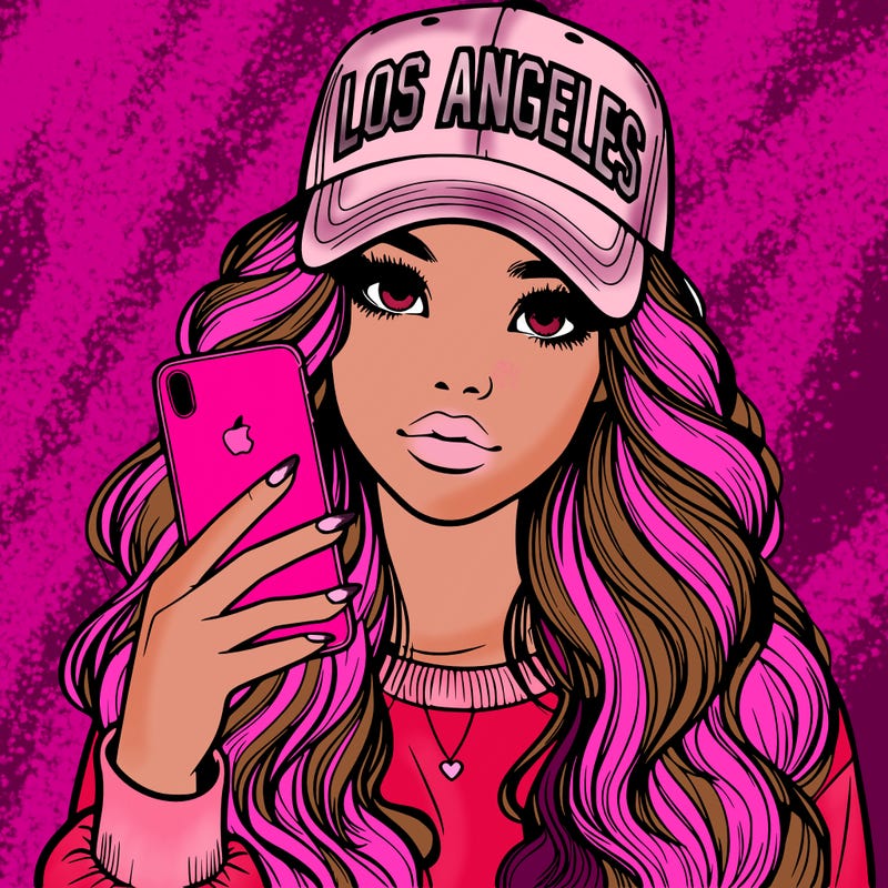 realistic beautiful girl wearing los ángeles cap holding an iphone
