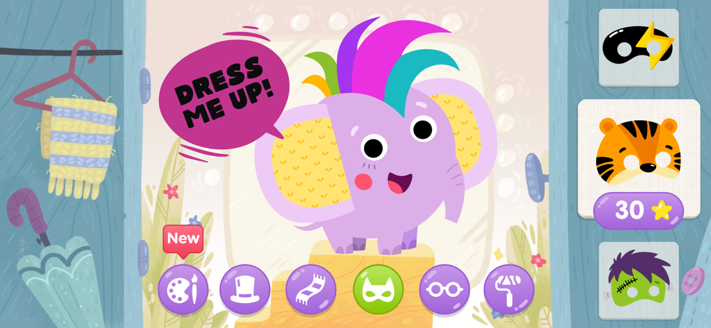Kids Academy Learning Games - Ein lila Elefant-Charakter in der Anzieh-Aktivität der Kids Academy Lernspiele mit verschiedenen Masken- und Accessoire-Optionen.
