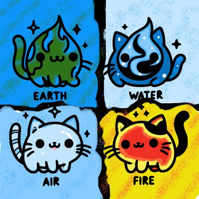 4 cats that represent the different elements, earth, water, air, and fire