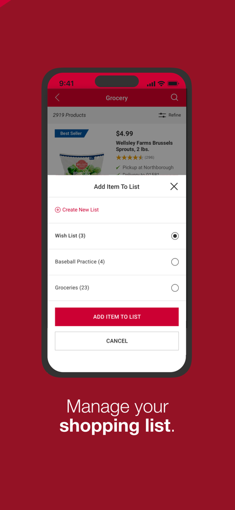 BJ's Wholesale Club app interface showing the manage shopping list feature with options to add items to multiple custom lists like Groceries and Baseball Practice.